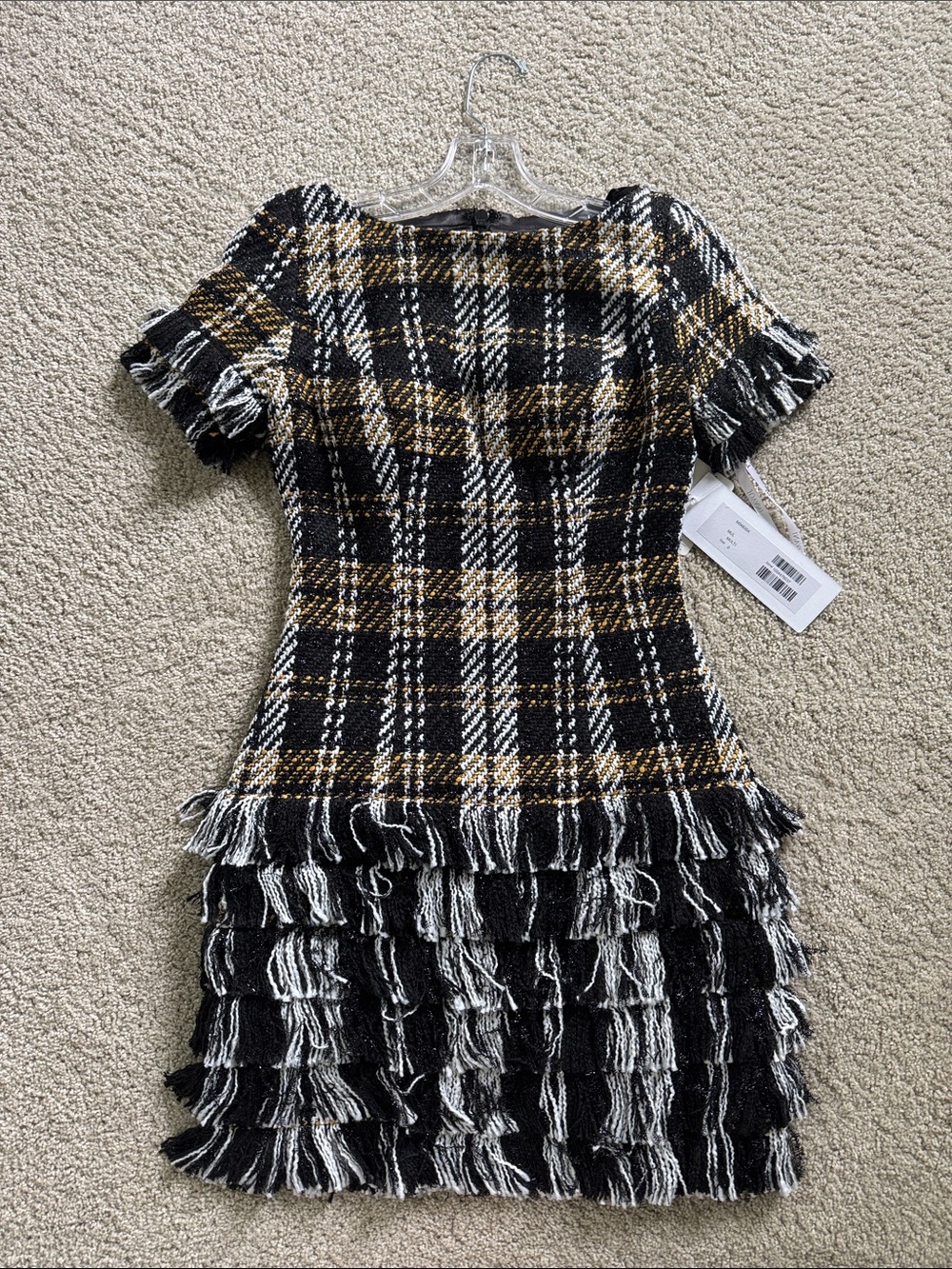 JOVANI NWT Black Yellow Tweed Fringe Mini Dress 0
